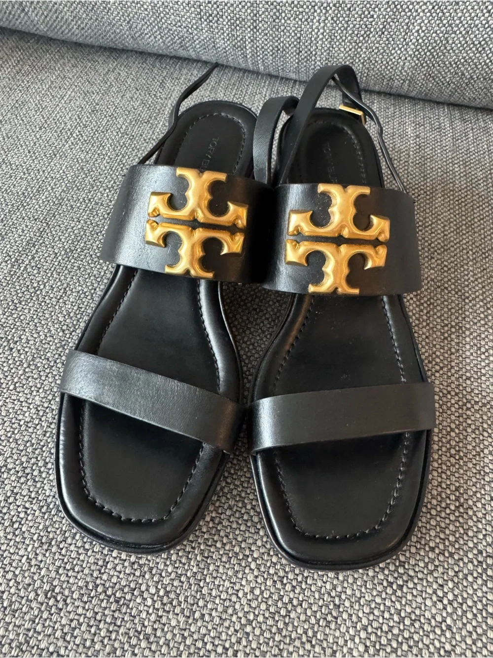 Tory Burch Black Leather Slingback Sandals with Gold Logo Accent